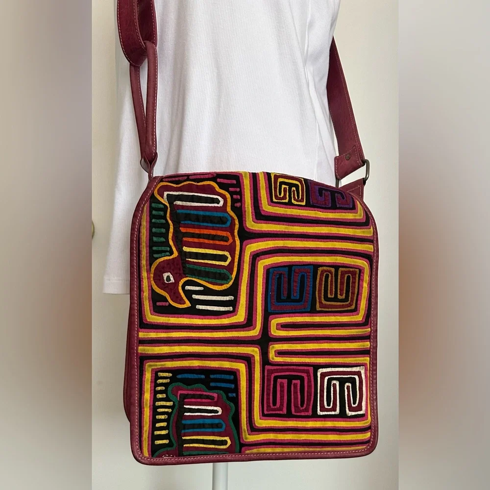 Multicolor Geometric Crossbody Bag Leather Embroidered